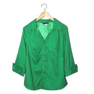GLORIA LANCE Woman 1X Green Easy‎ Care Cuff Sleeve Babydoll Button Up Blouse